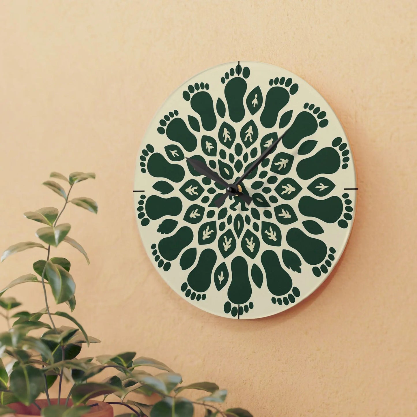 Bigfoot Mandala Acrylic Wall Clock — Repeating Sasquatch Footprint Design Printify