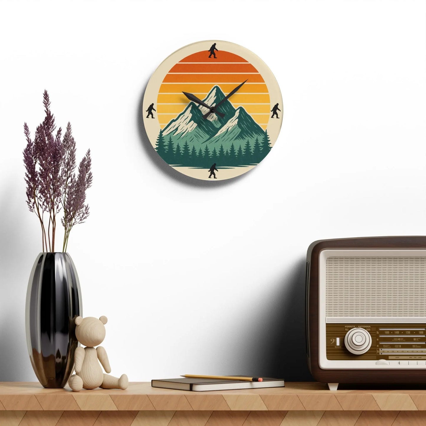 Bigfoot 70s Sunset Acrylic Wall Clock — Retro Striped Gradient Printify