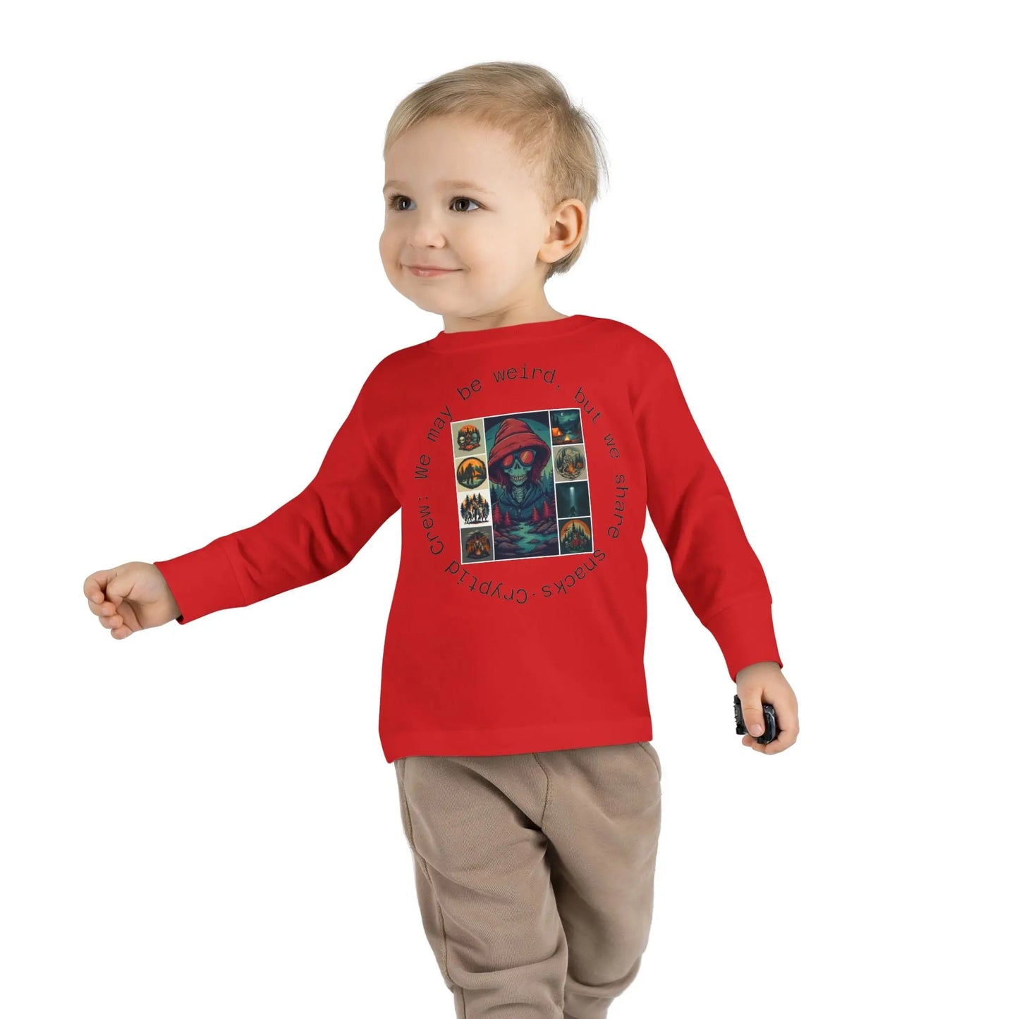 Child wearing a red long-sleeve shirt with a graphic collage design and text on a white background
