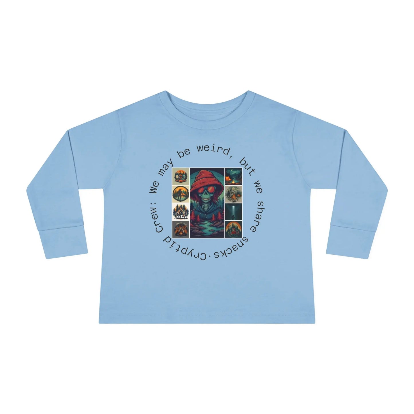 Toddler Light blue long-sleeve shirt with graphic collage design and text on a white background