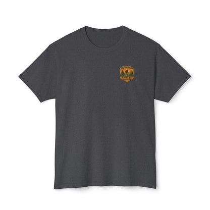 Adventure Patch T-Shirt — Vintage Mountain Forest Logo Tee | Outdoors Lifestyle Shirt