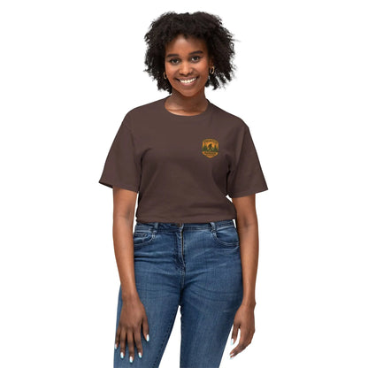 Adventure Patch T-Shirt — Vintage Mountain Forest Logo Tee | Outdoors Lifestyle Shirt