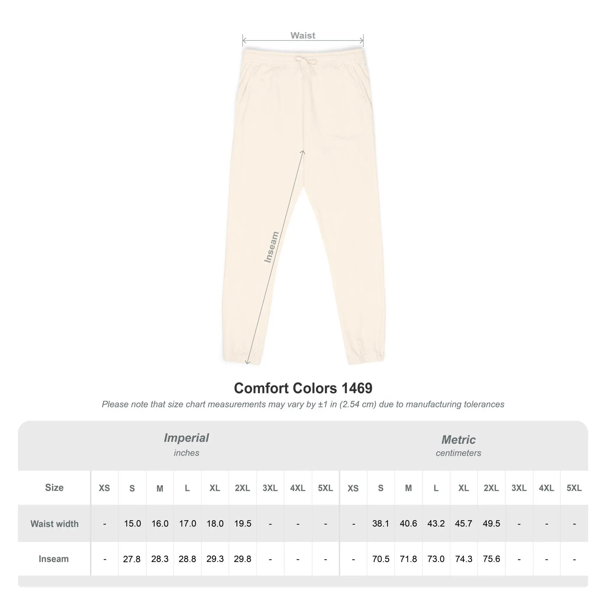 Beige pants with size chart on a white background