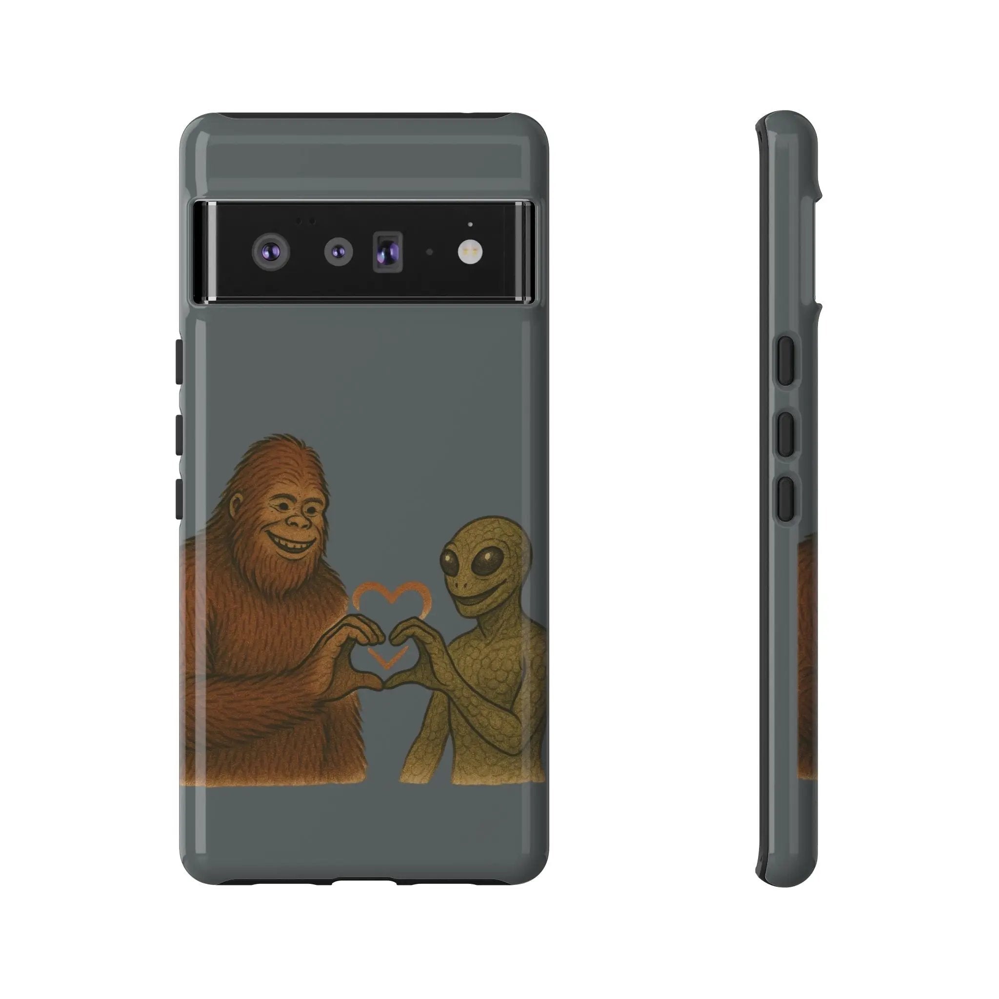 Bigfoot & Lizard Person Hand Heart Phone Case – Fun & Unique Cryptid Design, Perfect Gift for Adults Printify