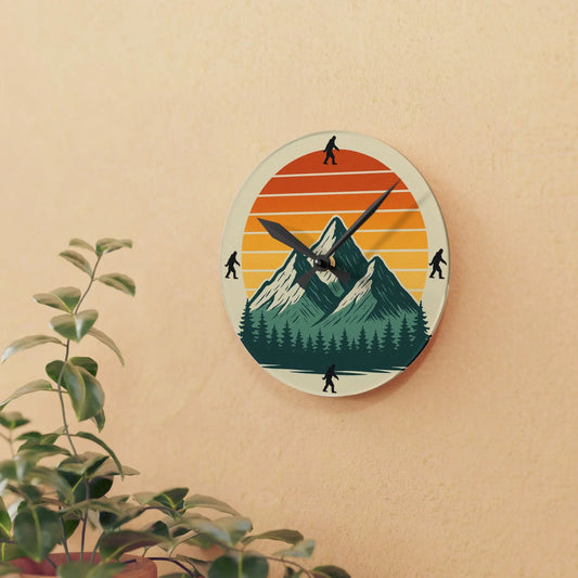 Bigfoot 70s Sunset Acrylic Wall Clock — Retro Striped Gradient Printify