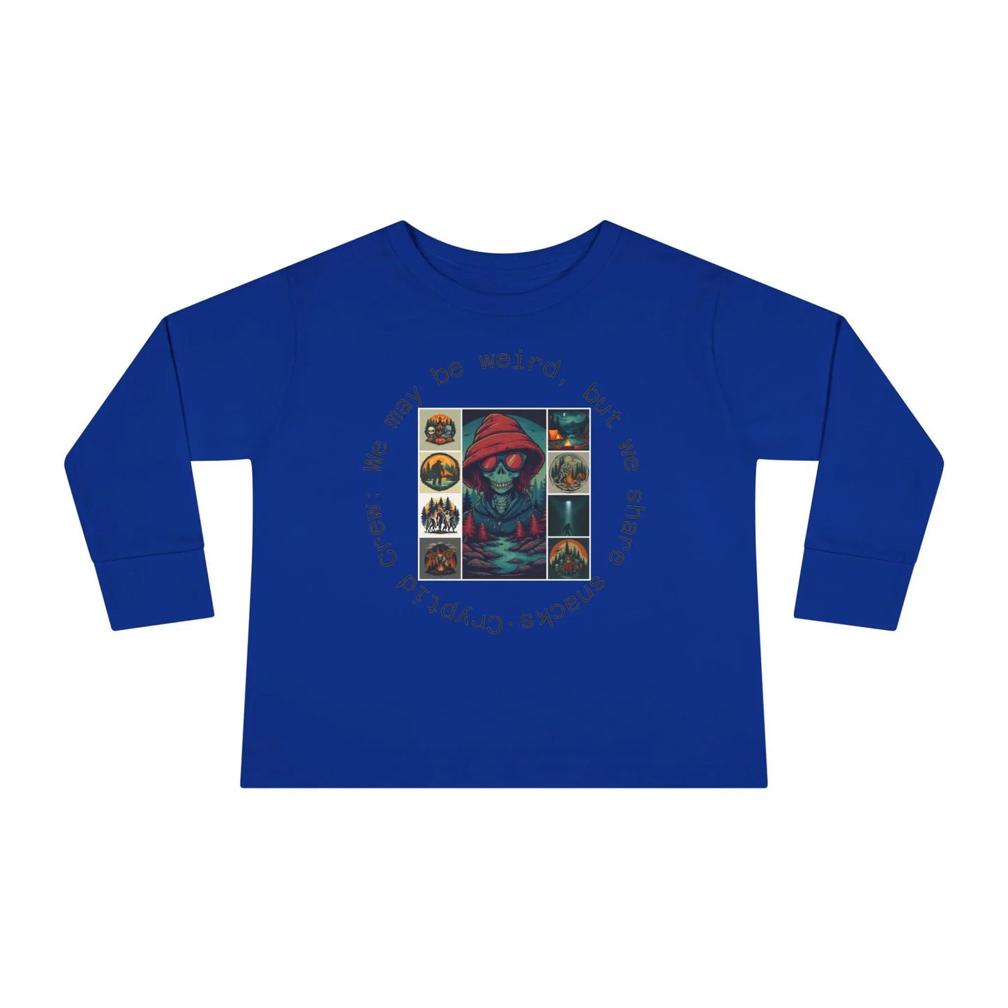 Toddler Blue long-sleeve shirt with a colorful graphic collage design and text on a white background