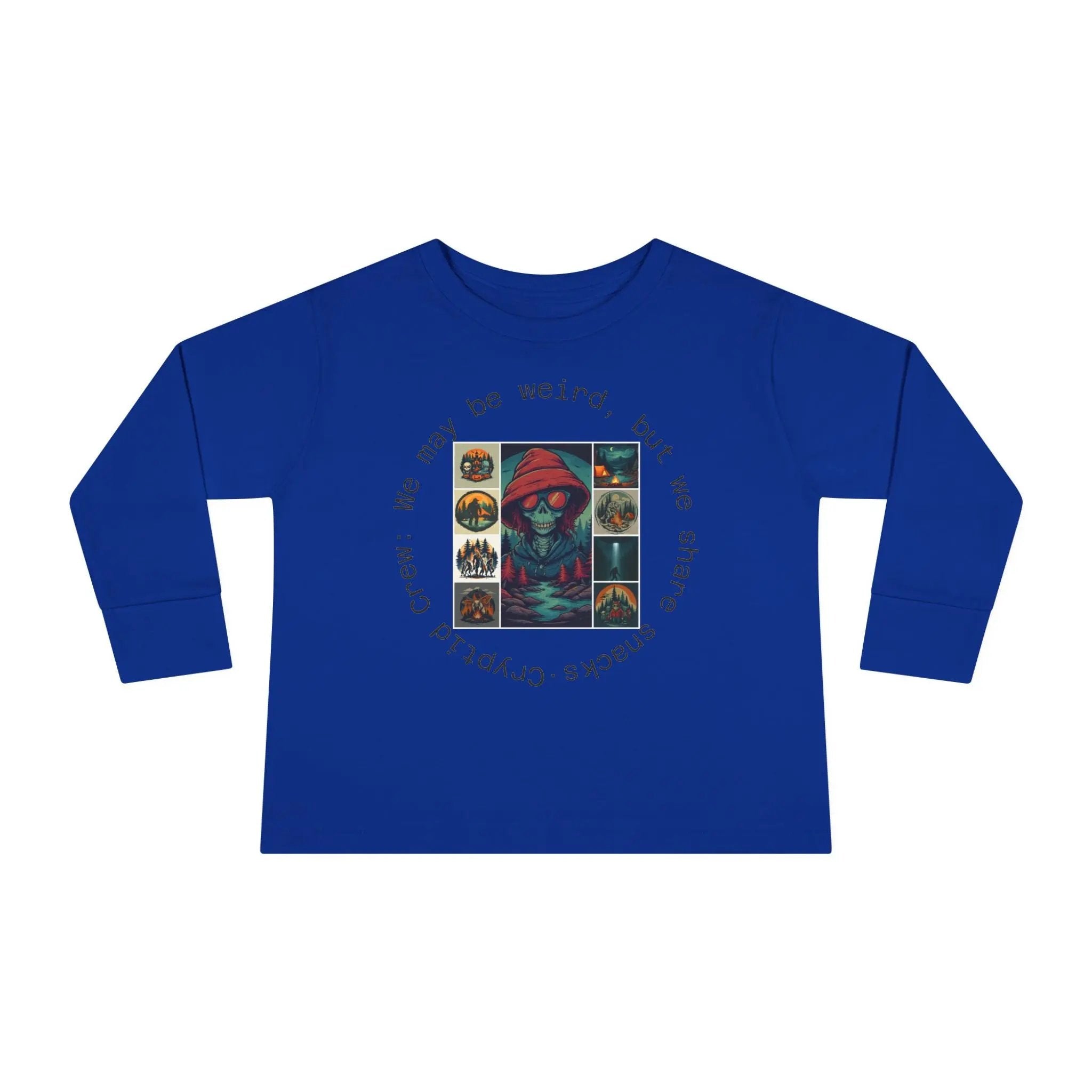 Toddler Blue long-sleeve shirt with a colorful graphic collage design and text on a white background