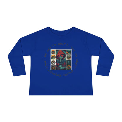 Toddler Blue long-sleeve shirt with a colorful graphic collage design and text on a white background