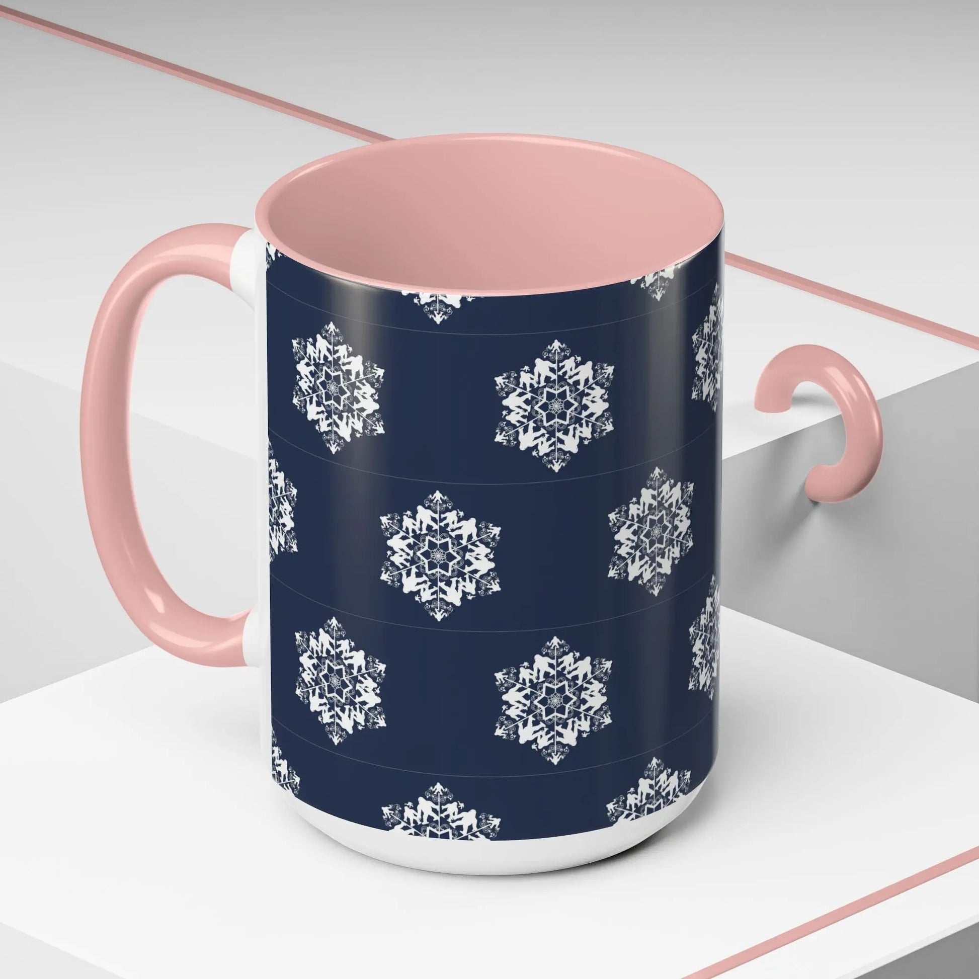 Bigfoot Snowflake Accent Coffee Mug – Navy Holiday Ceramic Cup (11oz/15oz) Printify