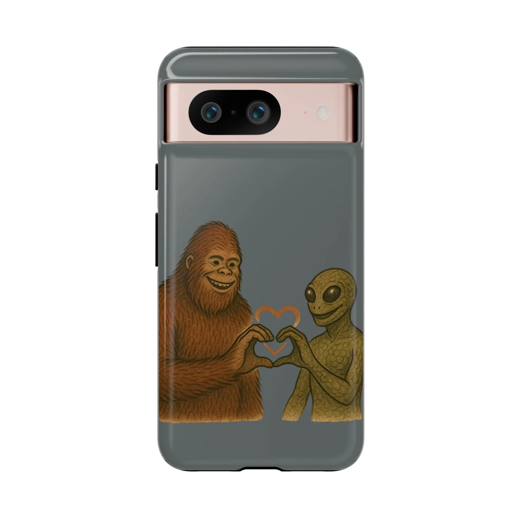 Bigfoot & Lizard Person Hand Heart Phone Case – Fun & Unique Cryptid Design, Perfect Gift for Adults Printify