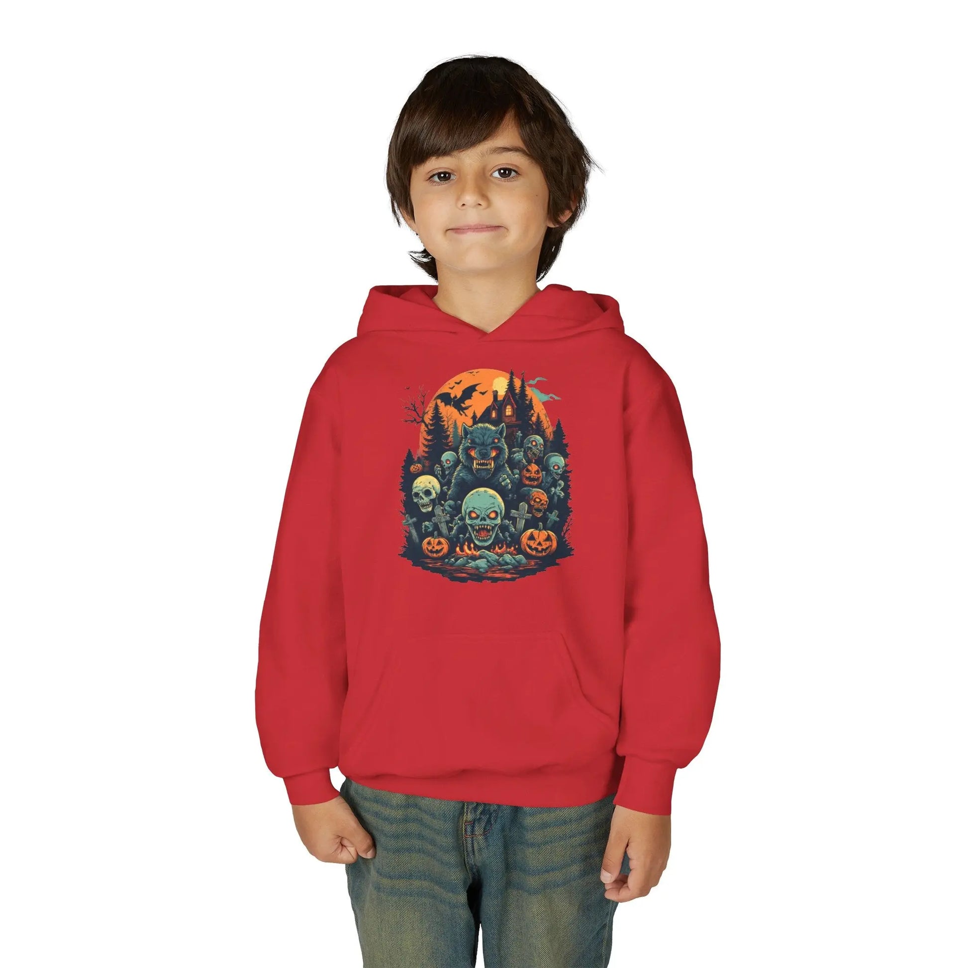 Child wearing a red hoodie with a colorful Halloween graphic design of werewolves, zombies, and other cryptids on a white background