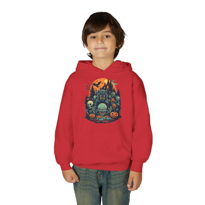 Child wearing a red hoodie with a colorful Halloween graphic design of werewolves, zombies, and other cryptids on a white background