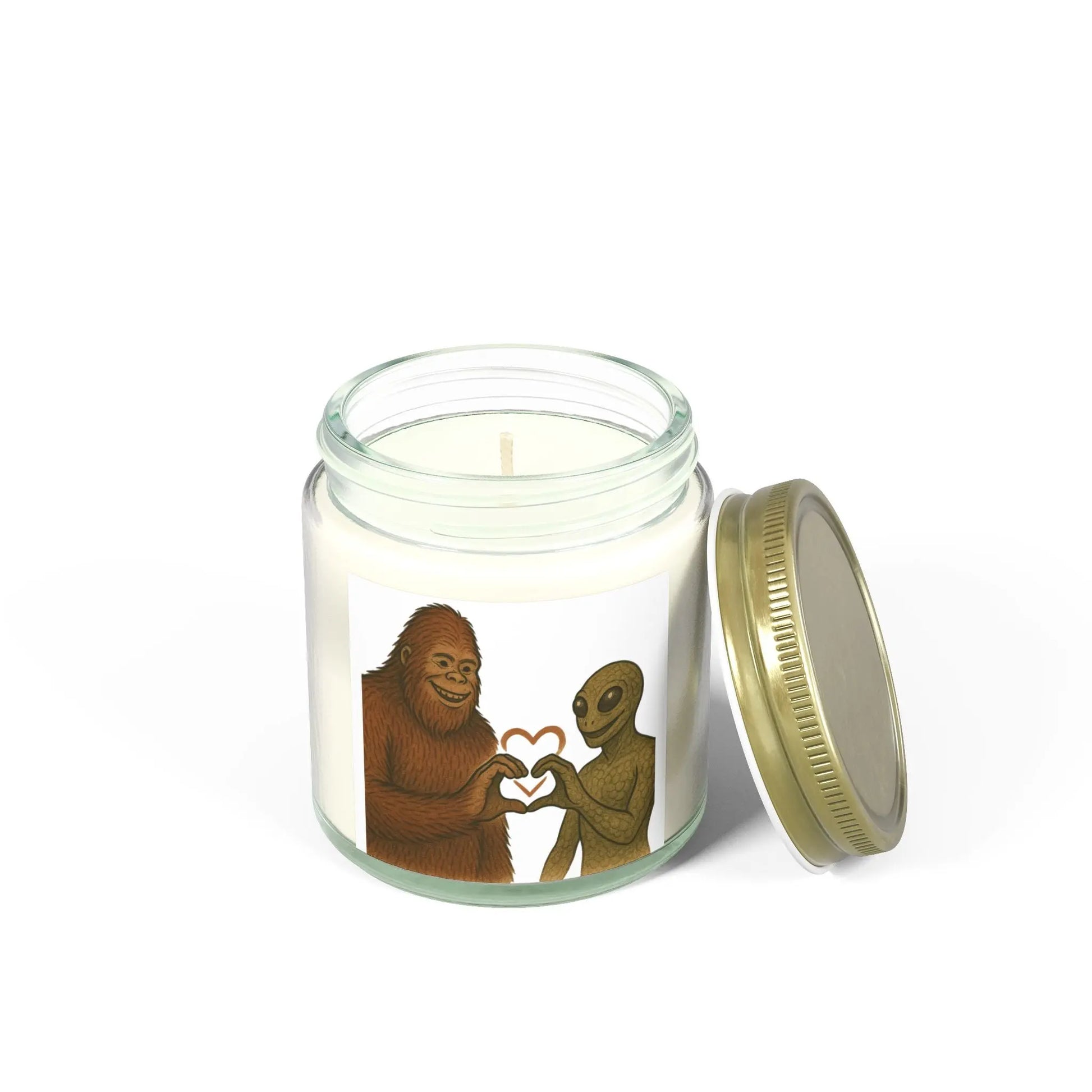Quirky Scented Candles - Coconut Apricot Wax (4oz & 9oz) - Fun Design featuring Bigfoot and Alien Love - Squatch Wear