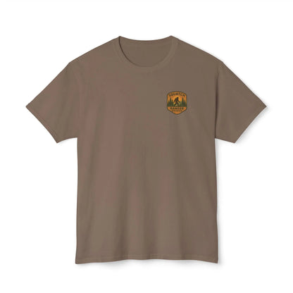 Adventure Patch T-Shirt — Vintage Mountain Forest Logo Tee | Outdoors Lifestyle Shirt