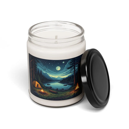 Candle with a scenic design of a forest and lake on a white background