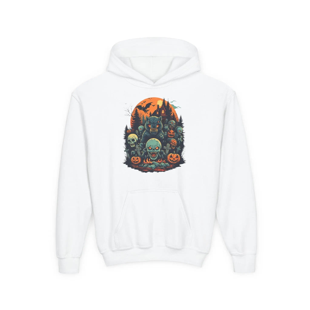White hoodie with a colorful Halloween graphic design of werewolves, zombies, and other cryptids on a white background