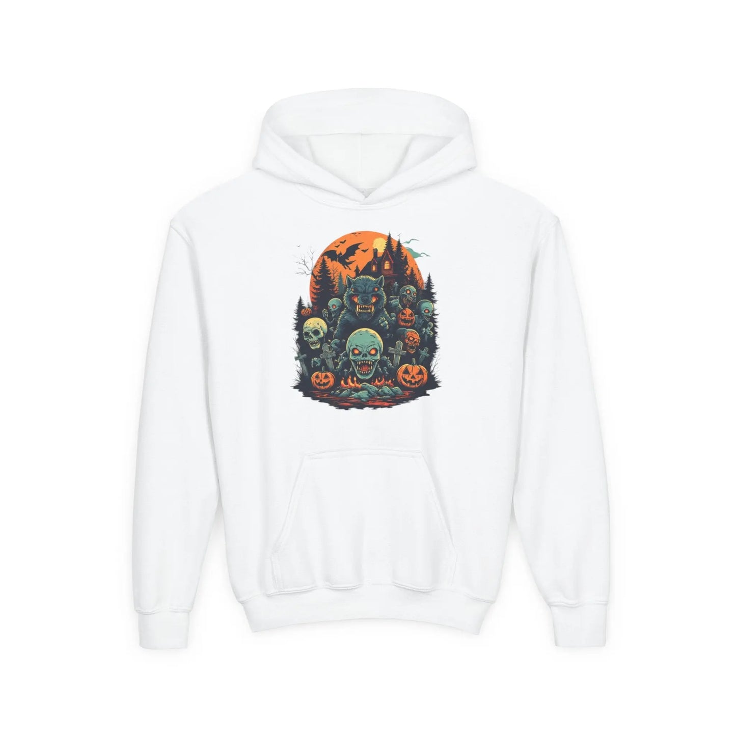 White hoodie with a colorful Halloween graphic design of werewolves, zombies, and other cryptids on a white background