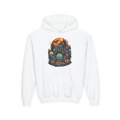 White hoodie with a colorful Halloween graphic design of werewolves, zombies, and other cryptids on a white background