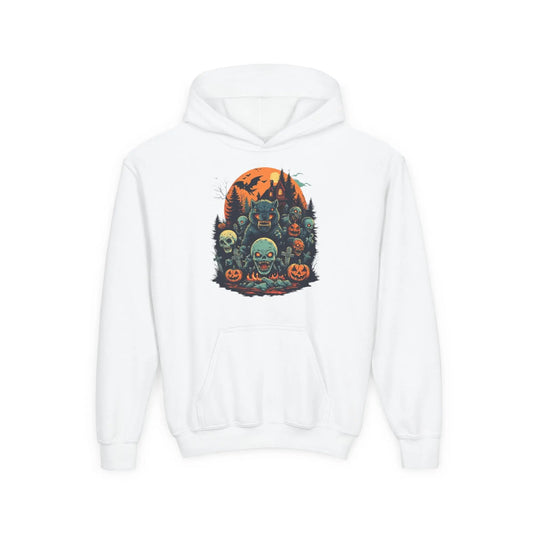 White hoodie with a colorful Halloween graphic design of werewolves, zombies, and other cryptids on a white background