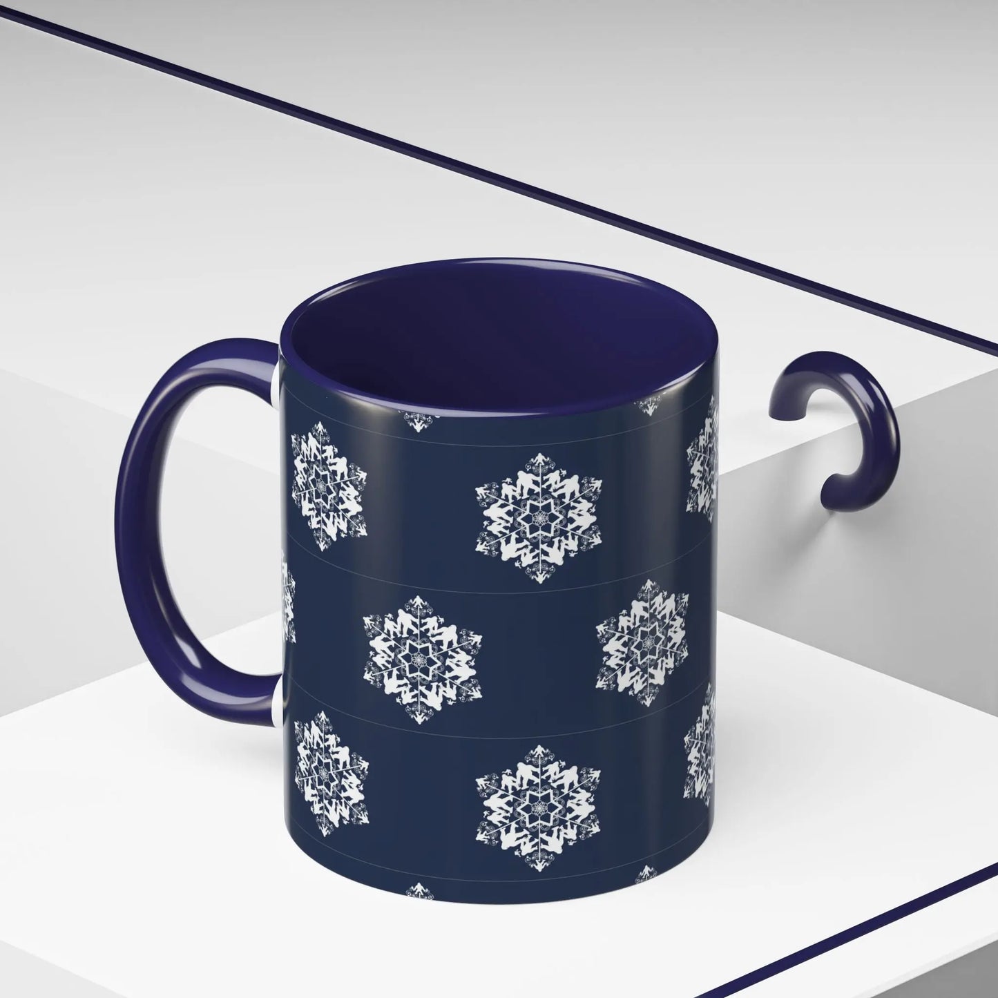 Bigfoot Snowflake Accent Coffee Mug – Navy Holiday Ceramic Cup (11oz/15oz) Printify