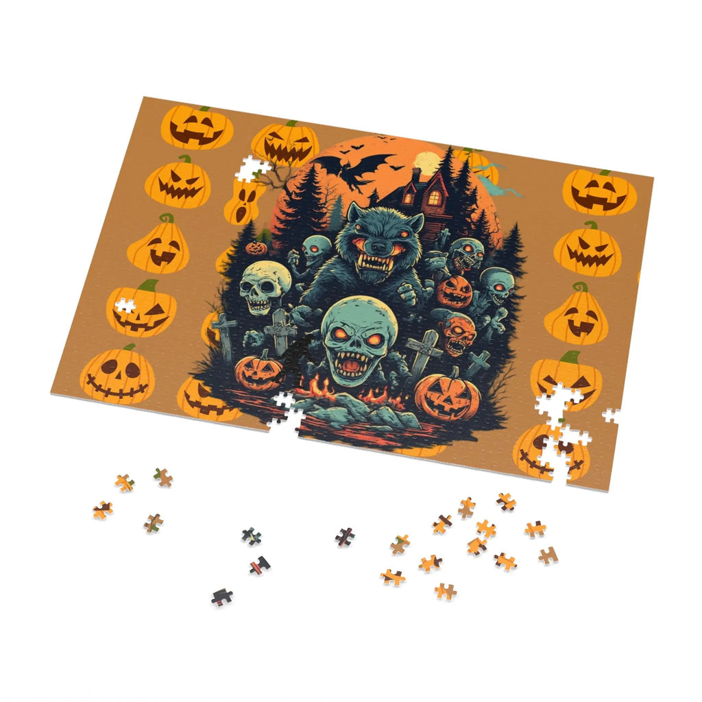 Halloween-themed puzzle with a wolf, ghosts, and pumpkins on a brownish orange background.