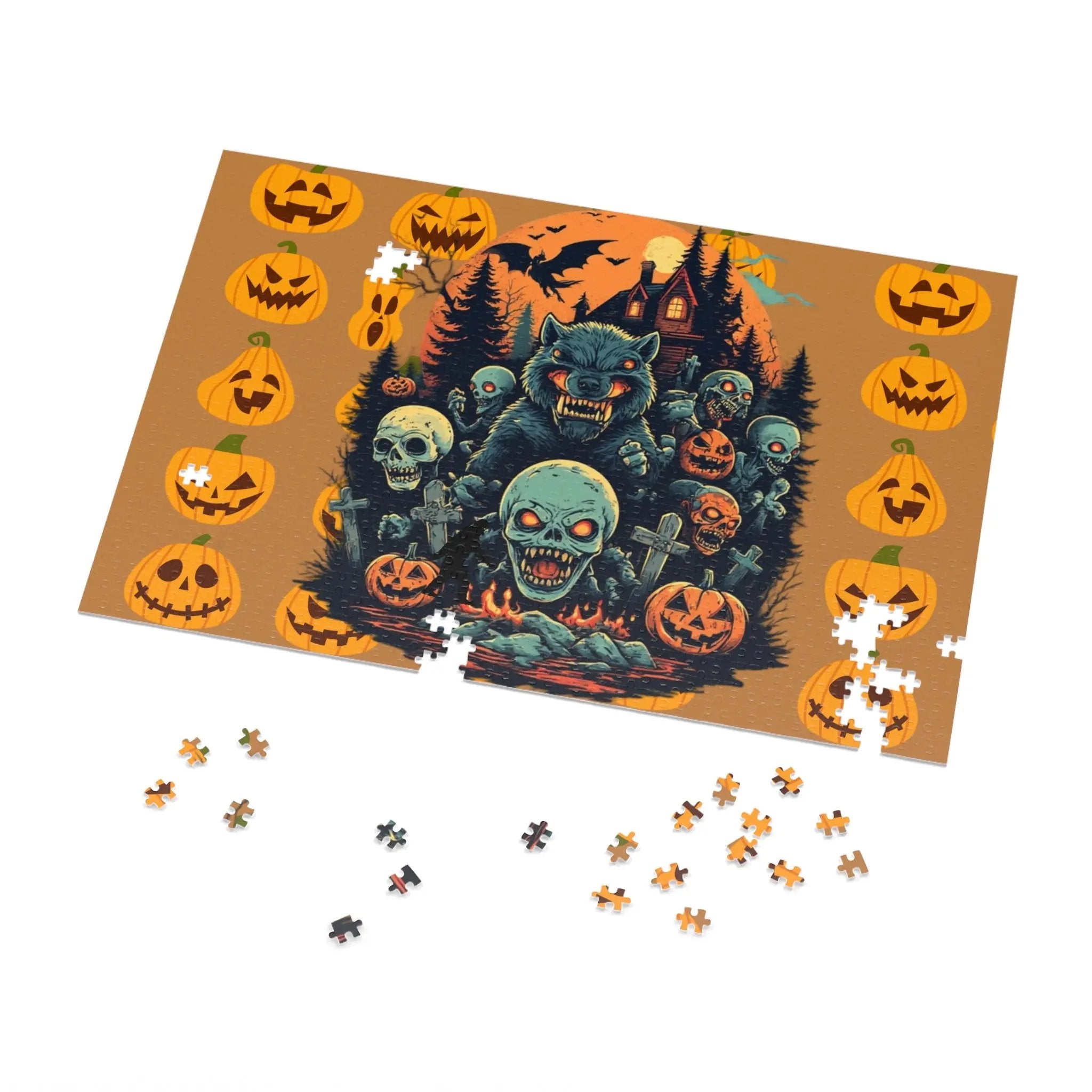 Halloween-themed puzzle with a wolf, ghosts, and pumpkins on a brownish orange background.