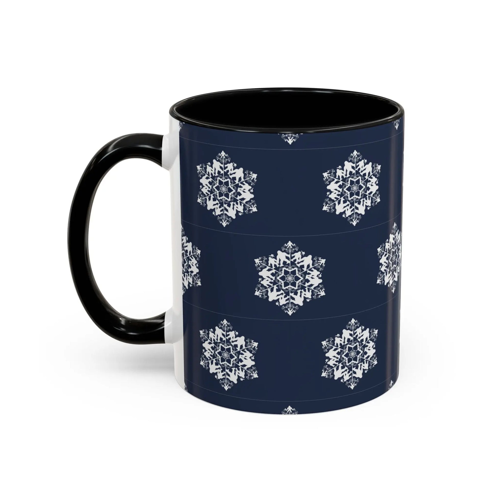 Bigfoot Snowflake Accent Coffee Mug – Navy Holiday Ceramic Cup (11oz/15oz) Printify