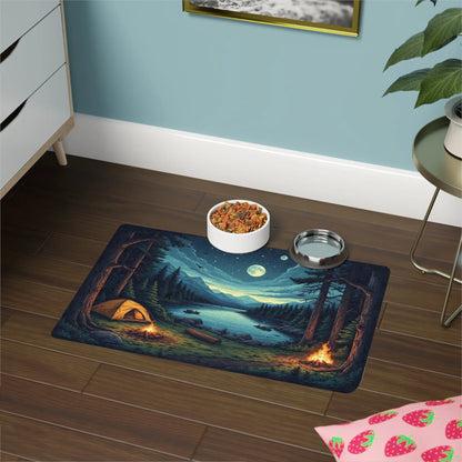 Pet Food Mat - Moonlit Lakeside Camping Scene (12x18) Printify