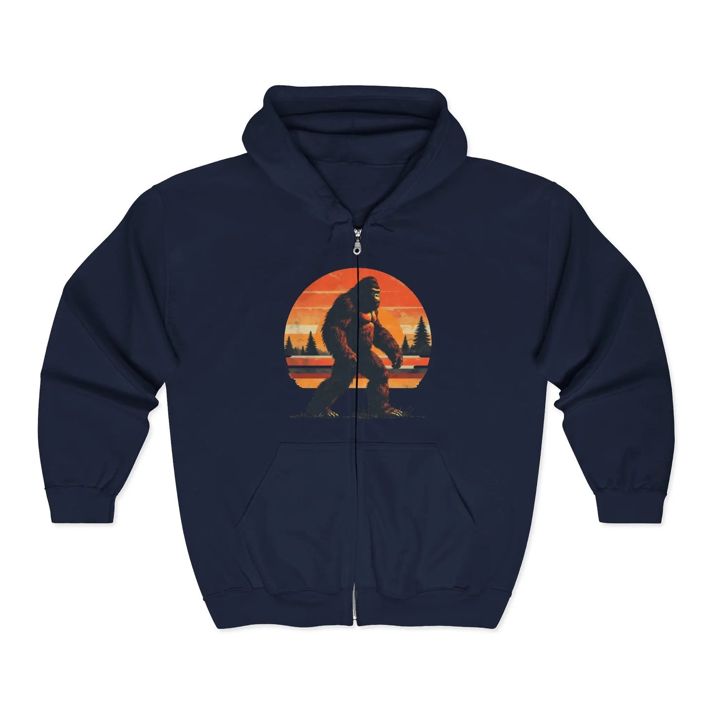 Sunset Sasquatch Zip-Up Hoodie – Warm, Durable Outdoor Layer Printify