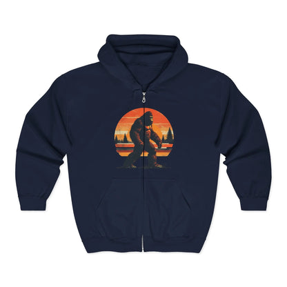 Sunset Sasquatch Zip-Up Hoodie – Warm, Durable Outdoor Layer Printify