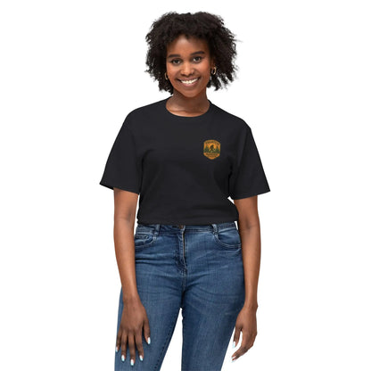 Adventure Patch T-Shirt — Vintage Mountain Forest Logo Tee | Outdoors Lifestyle Shirt