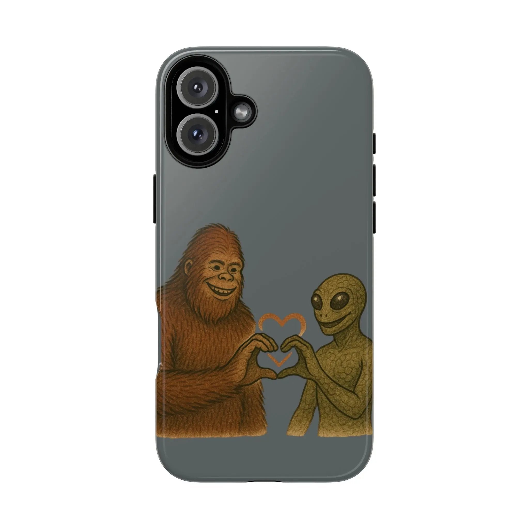 Bigfoot & Lizard Person Hand Heart Phone Case – Fun & Unique Cryptid Design, Perfect Gift for Adults Printify