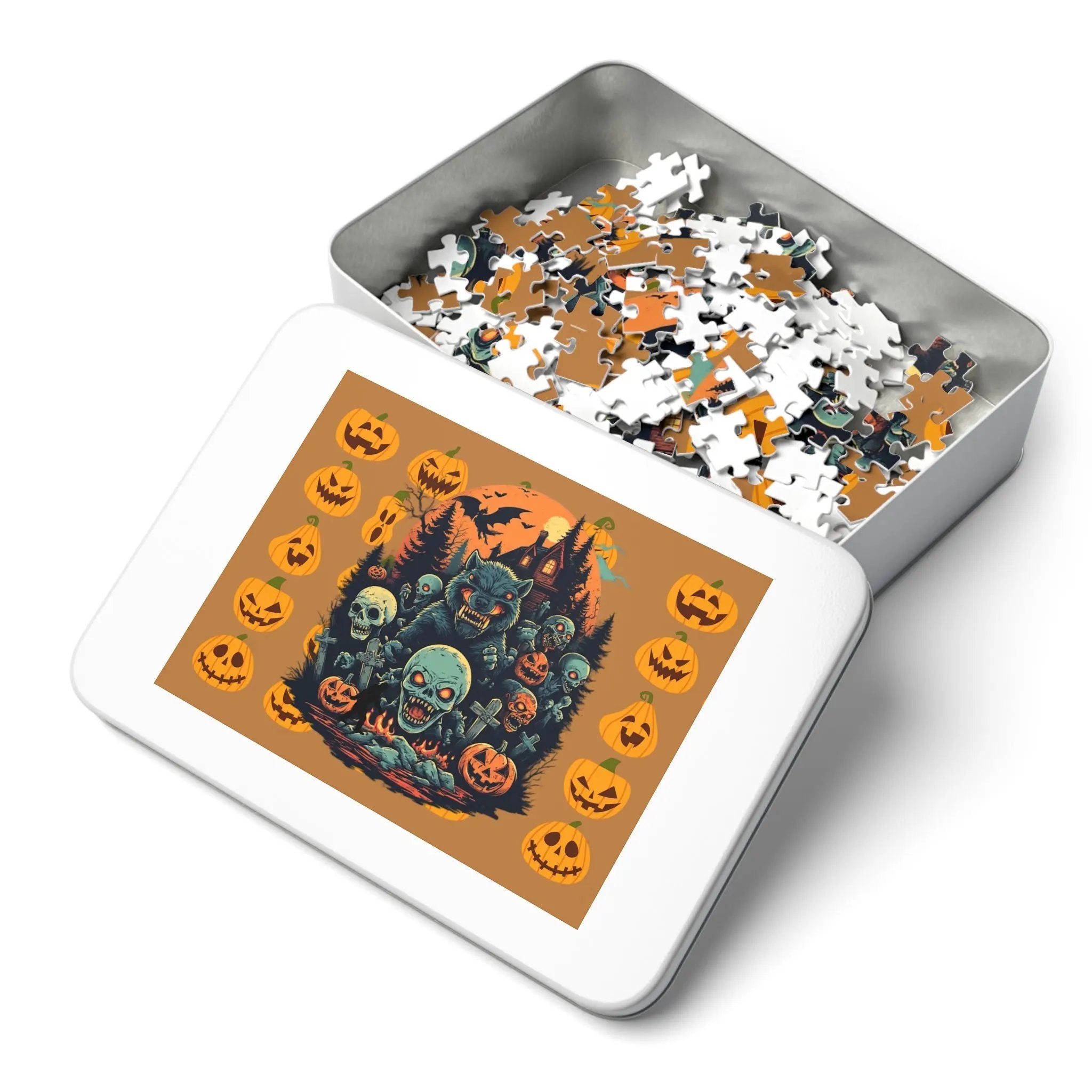 Halloween-themed illustration with a wolf, ghosts, and pumpkins on a brownish orange background in a tin box with a colorful design on the lid.