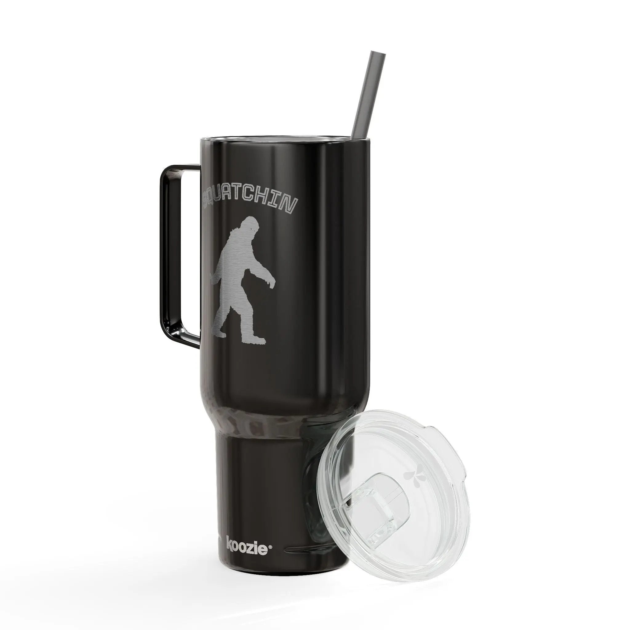 Black mug with 'GRATCHIV' and a silhouette of a person, accompanied by a clear lid and straw on a white background.