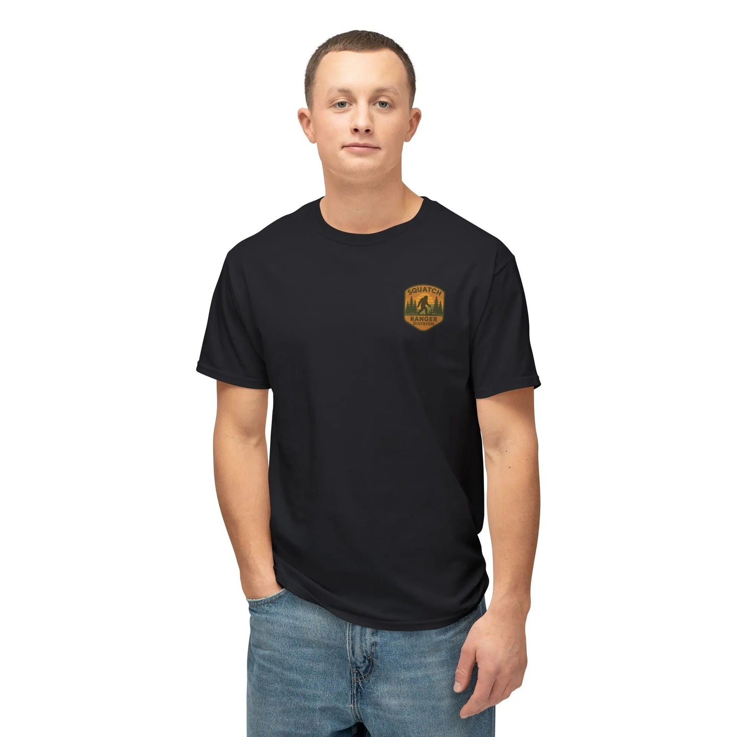 Adventure Patch T-Shirt — Vintage Mountain Forest Logo Tee | Outdoors Lifestyle Shirt
