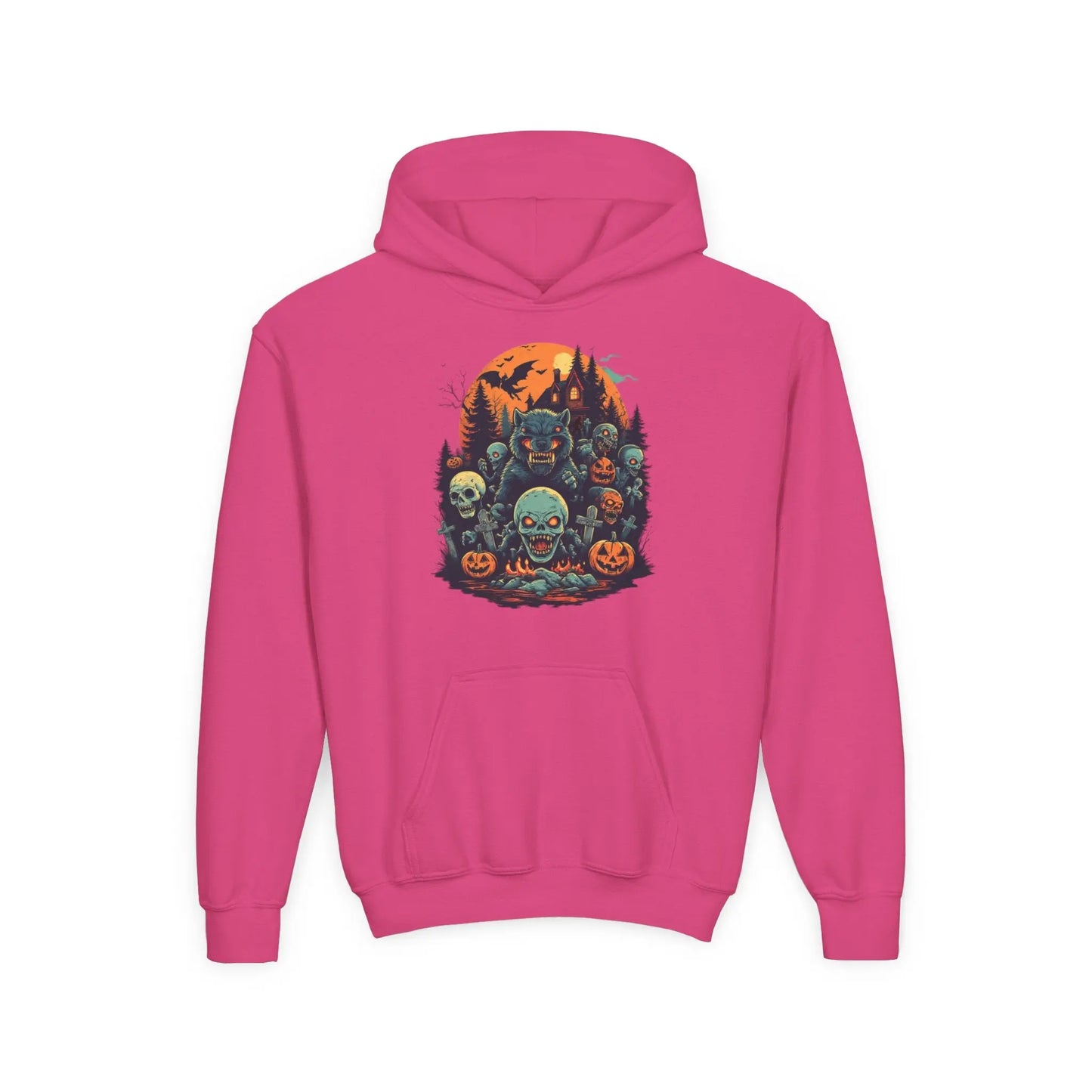 Pink hoodie with a colorful Halloween graphic design of werewolves, zombies, and other cryptids on a white background