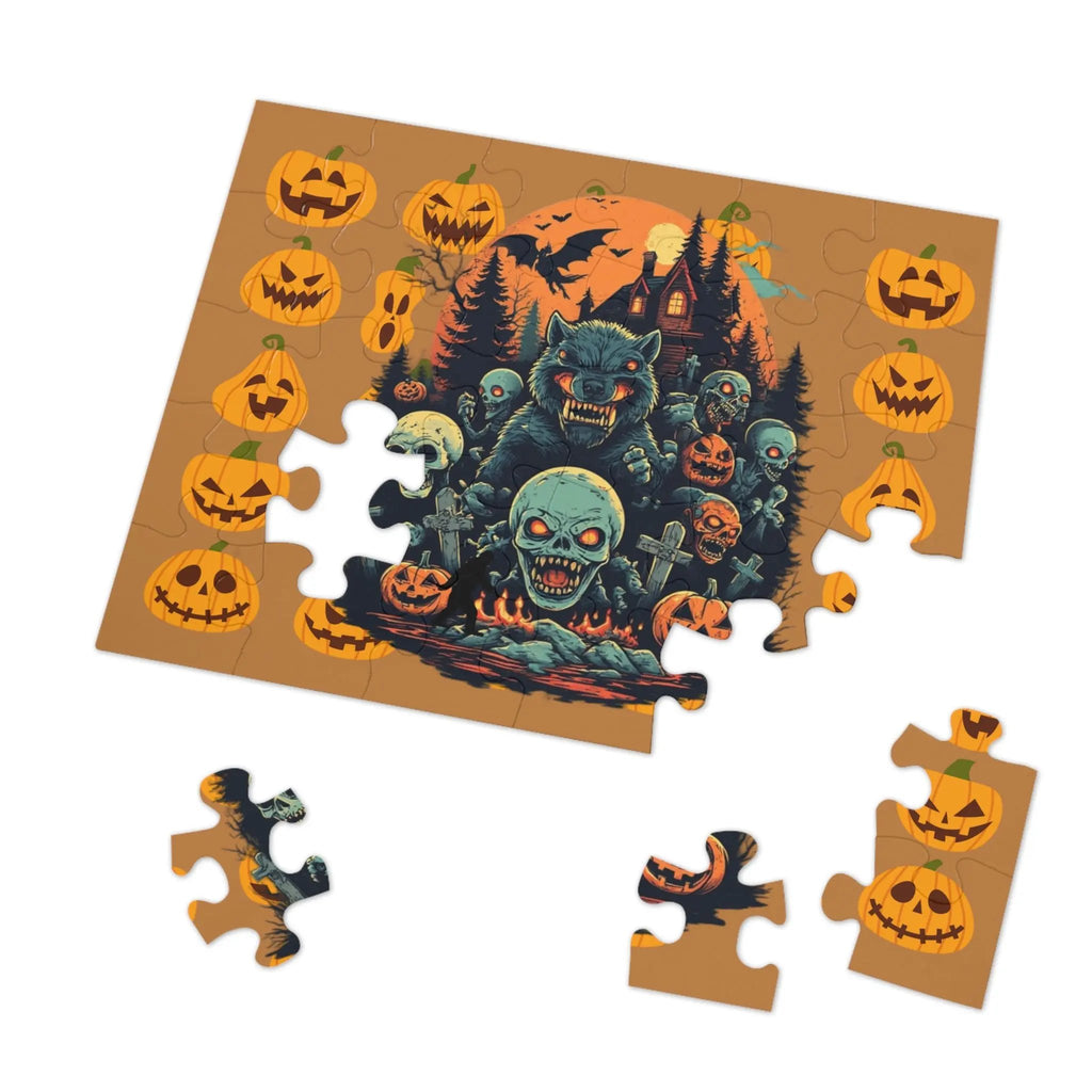 Halloween-themed puzzle with a wolf, ghosts, and pumpkins on a brownish orange background, large pieces