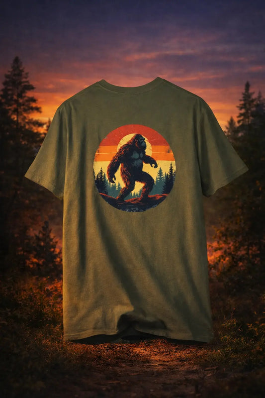 Bigfoot Sunset Tee — vintage outdoors graphic, soft all‑day comfort