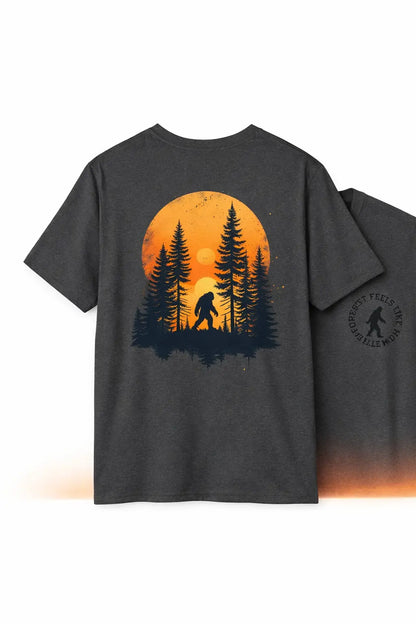 Bigfoot Sunset T-Shirt – Sasquatch Forest Graphic Tee | Outdoors Adventure Shirt